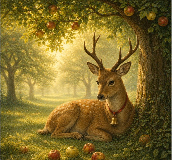 A great stag beneath the apple trees of Orchard Belldir, wearing a little silver bell